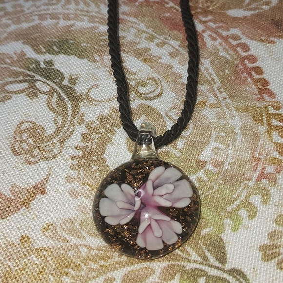 Unsure Jewelry - Fused glass floral pendant necklace